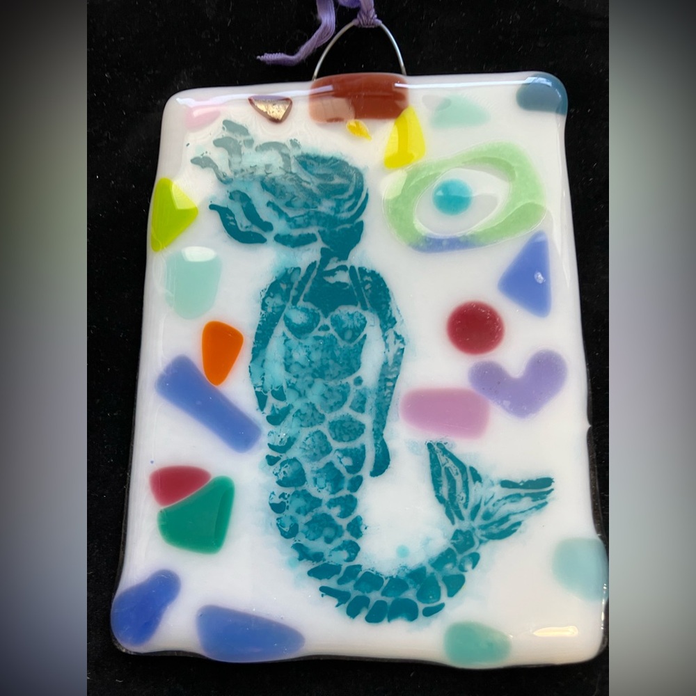 Mermaid On Milky White Original Design Fused Glass Hanging Plaque  6”x5”Handmade